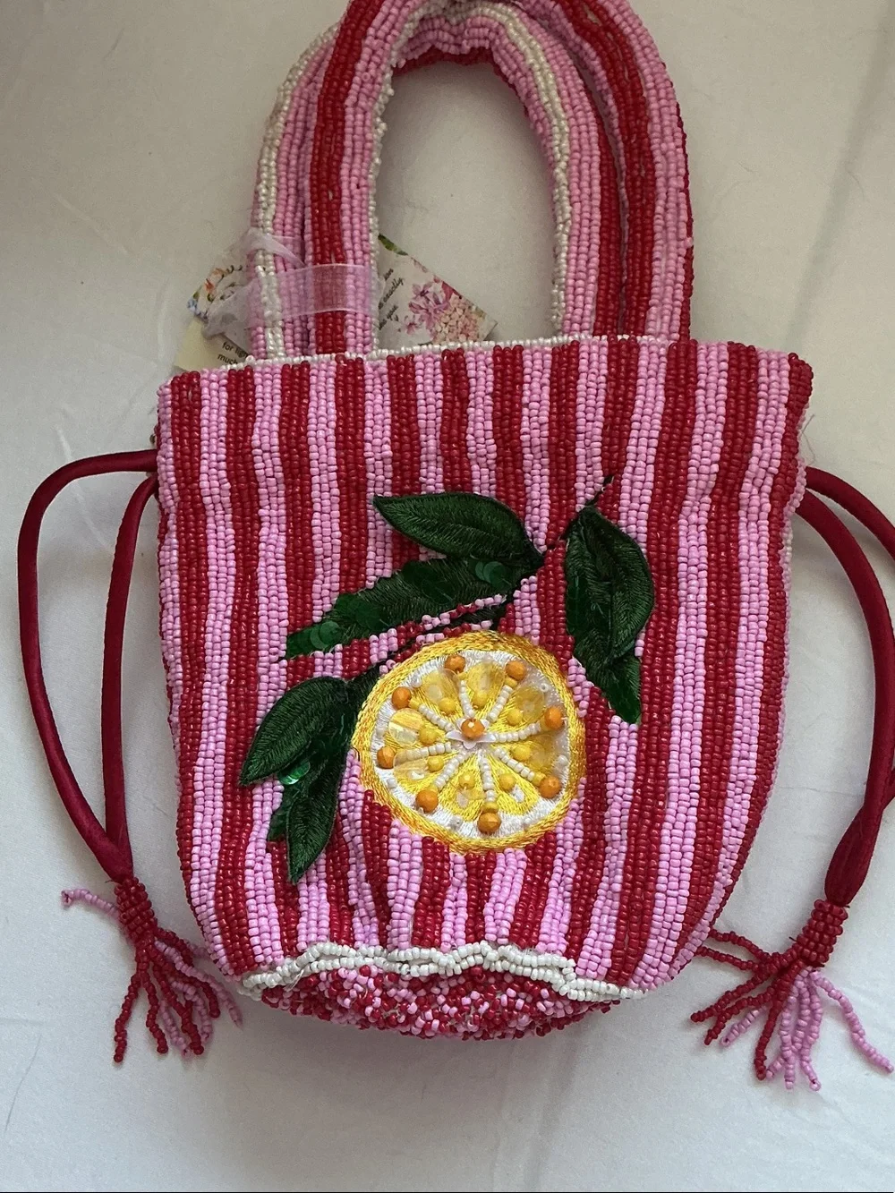 Pink and Red Striped Beaded Lemon Tote Bag - Picture 2 of 8